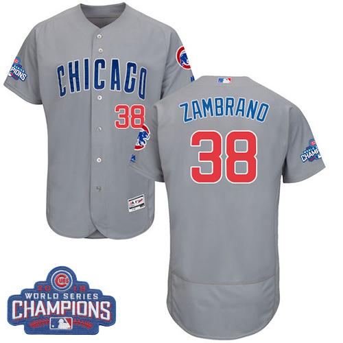 Cubs #38 Carlos Zambrano Grey Flexbase Authentic Collection Road 2016 World Series Champions Stitched MLB Jersey - Click Image to Close